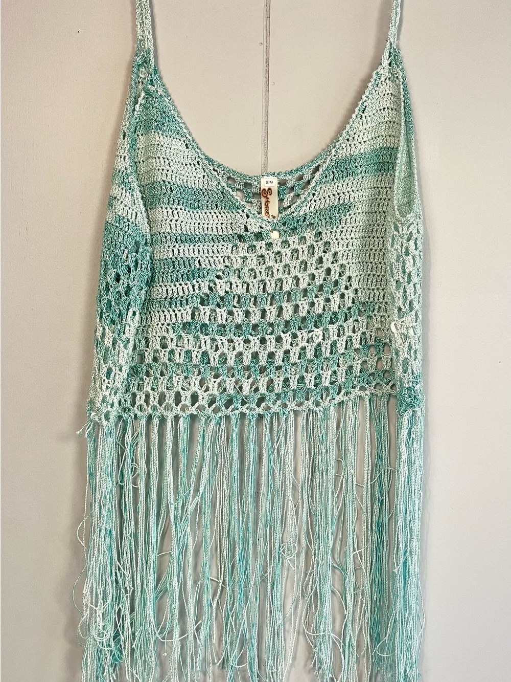 Shoreline Crochet Fringe Tank Top S/M Mint Green White Boho Festival